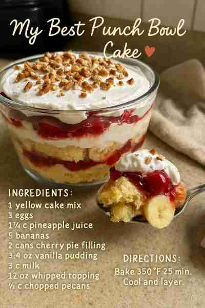 🍒🍌 Punch Bowl Cake 🧁 Ingredients: 1 box yellow cake mix 3 eggs (for cake mix) 1¼ cups pineapple j...