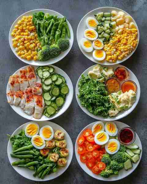 1️⃣ Top-left plate: 🌽 Sweet corn, 🥦 broccoli, 🫛 sugar snap peas, and fresh 🥬 greens. 2️⃣ Top-mid...