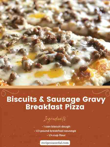 Biscuits & Sausage Gravy Breakfast Pizza Ingredients: 1 can refrigerated biscuit dough 1/2 pound bre...