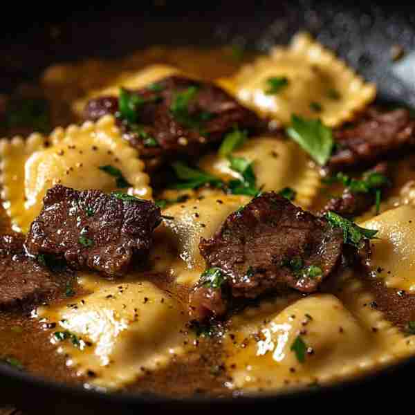 Raviolis au Bœuf Sautés avec Sauce Crémeuse et Persil Frais🍝🥩 Ingrédients : 400 g de raviolis (a...