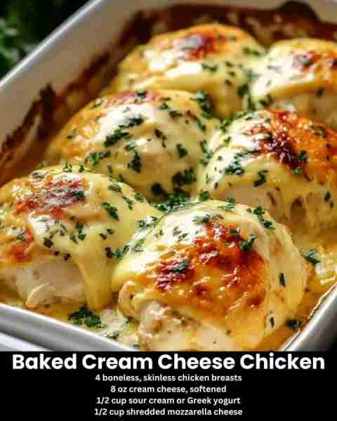 Treat yourself to Baked Cream Cheese Chicken! 🍗🧀 Juicy, tender chicken smothered in a creamy, chee...
