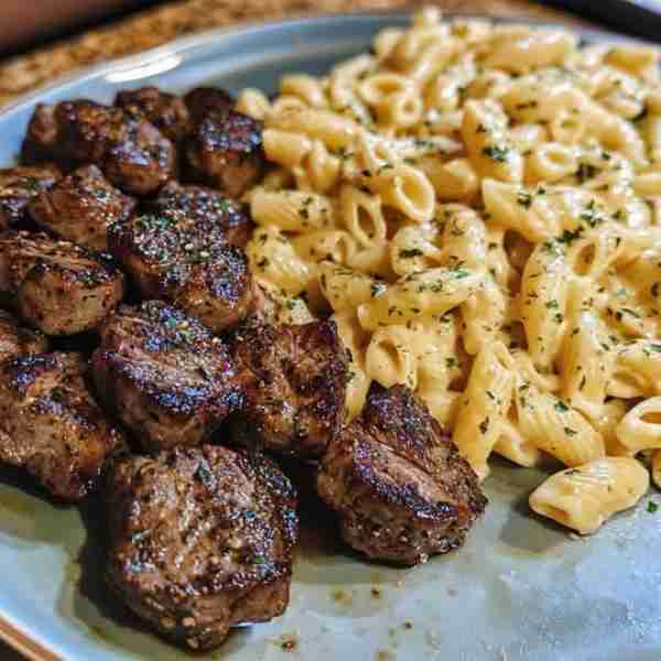 Sizzling Garlic Butter Steak Bites & Creamy Pepper Jack Pasta **Ingredients:** **For the Steak Bite...