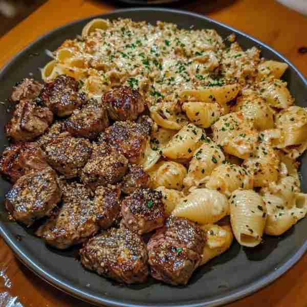 🥩 Garlic Butter Steak Bites & Creamy Parmesan Shells 🍝 Get ready to cozy up with this delightful d...