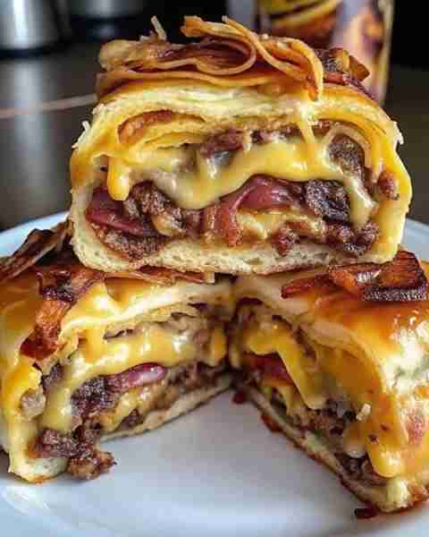 Garlic Butter Bacon Cheeseburger Rollups – The Ultimate Cheesy Snack! Ingredients: 1 lb ground beef...