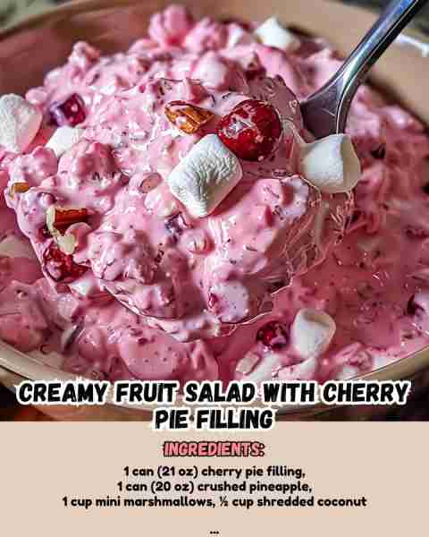 Creamy Fruit Salad with Cherry Pie Filling Ingredients: - 1 can (21 oz) cherry pie filling - 1 ca...