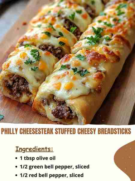 Philly Cheesesteak Stuffed Cheesy Breadsticks Ingredients 1 tbsp olive oil ½ green bell pepper, slic...
