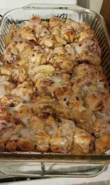 OMG… 2 cans cinnamon rolls, quartered, 1 can apple pie filling, ½ cup chopped walnuts or pecans—mix...
