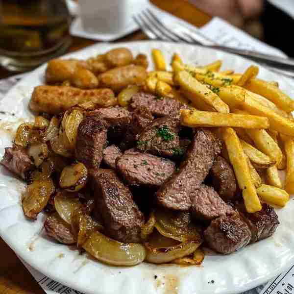 Grilled Steak and Sausage Platter with Fries Fire up your grill for this mouthwatering platter of ju...