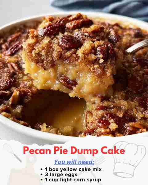 Pecan Pie Dump Cake 🥧😋 Ingredients: 1 box yellow cake mix 3 large eggs 1 cup light corn syrup 1 cu...