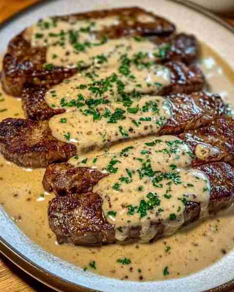 Juicy Steak with Creamy Garlic Sauce 🥩🧄 Ingredients: - 4 beef steaks (sirloin or ribeye) - 2 ta...