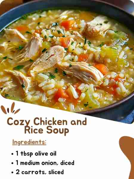 Cozy Chicken and Rice Soup Ingredients 1 tbsp olive oil 1 medium onion, diced 2 carrots, sliced