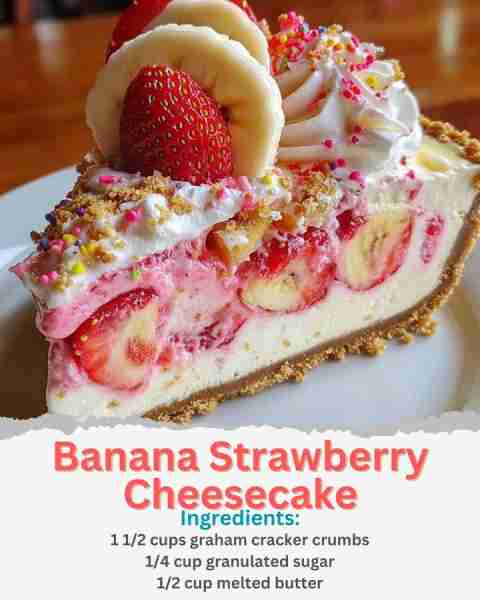 Banana Strawberry Cheesecake Ingredients: 1 1/2 cups graham cracker crumbs 1/4 cup granulated sugar...