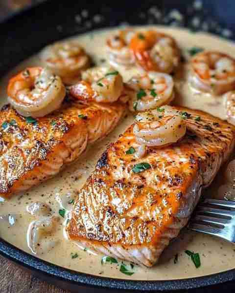Creamy Garlic Butter Salmon & Shrimp! 🐟🍤 A luxurious meal with crispy salmon, juicy shrimp, and a...