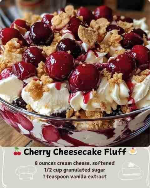 🍒 Creamy Cherry Cheesecake Fluff 🍰 Ingredients: For the Base: 8 ounces cream cheese, softened 1/2...