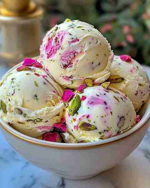 🌹🍨Rose Pistachio Cheesecake Ice Cream 🍨 🌹 creamy ice cream infused with fragrant rose, and crunc...