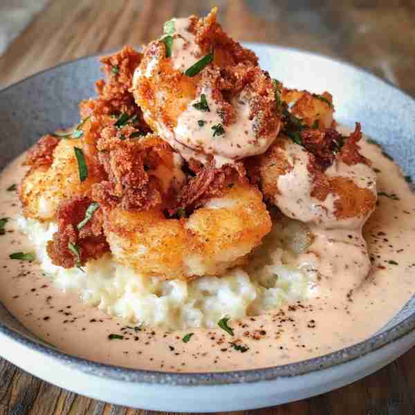 Crispy Shrimp & Grits with Crab Cream Sauce Ingredients: For the Grits: 1 cup stone-ground grits 4 c...