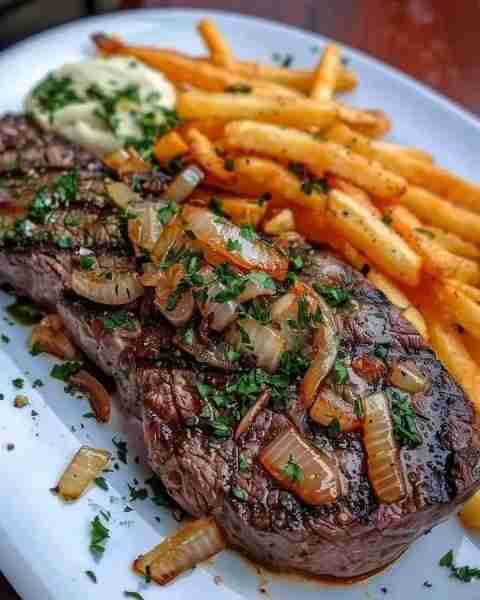 Delicious steak with caramelized onions and fries: Recipe Steps: Prepare the Steak: Season the steak...