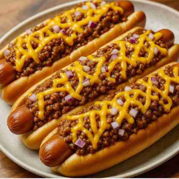 Chili Cheese Dogs 🌭🧀🔥 Ingredients: 4 hot dog buns 4 beef hot dogs 1 cup canned chili (or homemade...