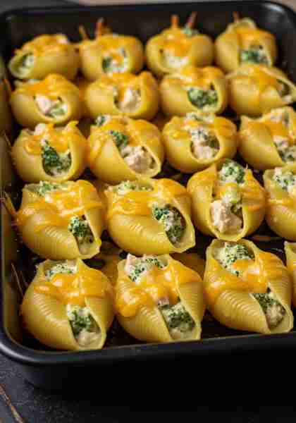 Cheesy Chicken & Broccoli Stuffed Shells Ingredients: • 20 jumbo pasta shells • 2 cups cooked chicke...