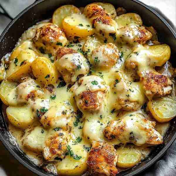 Melty Cheesy Chicken & Herb Potatoes Skillet 🧀🍗🥔 Prep Time: 15 minutes Cook Time: 30 minutes Serv...