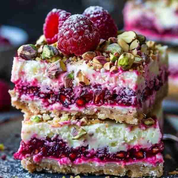 Lush Raspberry Pistachio Dessert Squares Recipe Ingredients: 1 cup unsalted butter, softened 1/2 cup...