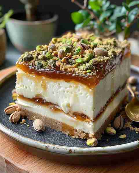 Caramel Pistachio Cheesecake 🍰✨ A decadent, creamy cheesecake topped with caramel and roasted pist...