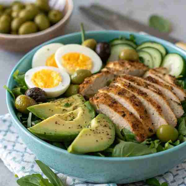 Protein Power Salad Bowl 🥗🍗🥑 Ingredients: 1 grilled chicken breast, sliced 1 hard-boiled egg, hal...