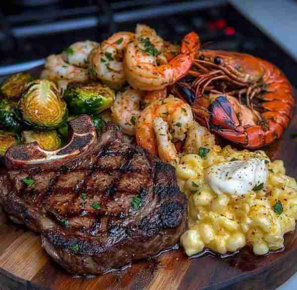 Surf and Turf Feast with Mashed Potatoes and Veggies Indulge in a delicious combination of perfectly...