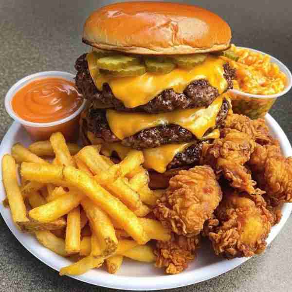 Triple Cheeseburger with French Fries and Fried Chicken Wings Ingredients: For the Triple Cheeseburg...