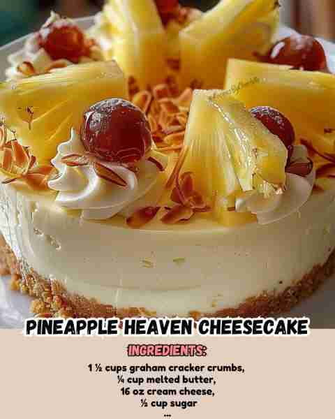 Pineapple Heaven Cheesecake Ingredients: - 1 ½ cups graham cracker crumbs - ¼ cup melted butter...