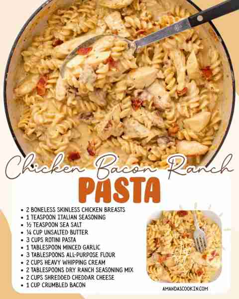 Chicken Bacon Ranch Pasta 😋 SO YUMMY! 2 boneless skinless chicken breasts 1 teaspoon Italian season...