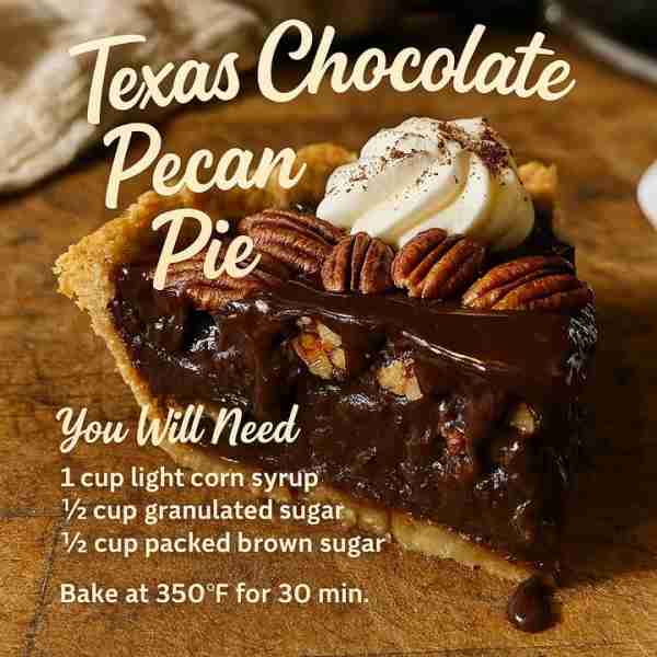 🍫 Texas Chocolate Pecan Pie 🧂 Ingredients: 1 cup light corn syrup 1/2 cup granulated sugar 1/2 cup...