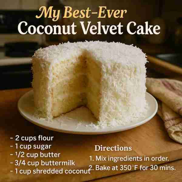 🥥 Coconut Velvet Cake 🧁 Ingredients: 2 cups all-purpose flour 1 cup granulated sugar 1/2 cup butte...