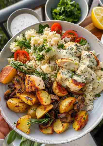 🍄 Savory, creamy, and packed with Mediterranean flavors, this Greek Chicken & Potatoes with Creamy...