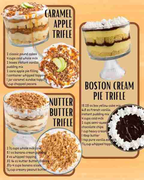 CARAMEL APPLE TRIFLE: 2 classic pound cakes 4 cups cold whole milk 2 boxes instant vanilla pudding m...