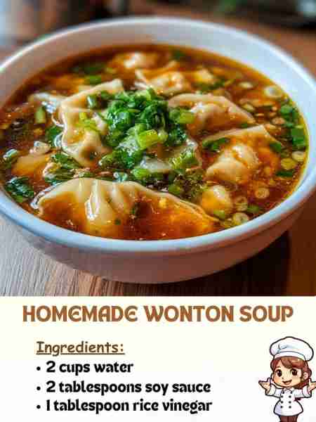 Homemade Wonton Soup Ingredients 2 cups water 2 tablespoons soy sauce 1 tablespoon rice vinegar
