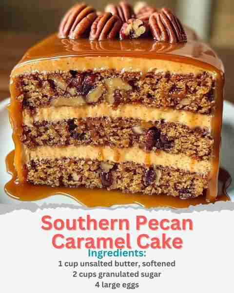 Southern Pecan Caramel Cake Ingredients: For the Cake Layers: 1 cup unsalted butter, softened 2 cups...