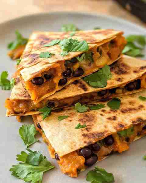 Sweet Potato and Black Bean Quesadillas Ingredients: 2 medium sweet potatoes, peeled and diced 1 tbs...