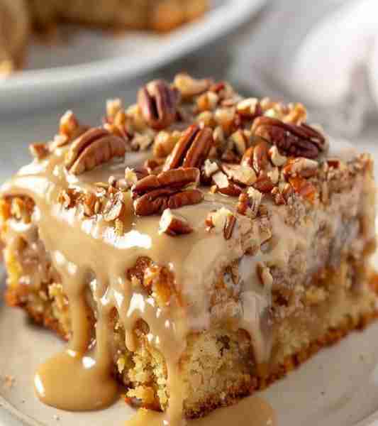 Southern Delight Butter Pecan Praline Poke Cake Recipe Ingredients: 1 box butter cake mix 1 cup chop...