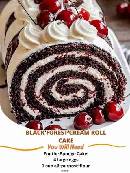 Black Forest Cream Roll Cake Ingredients: - 4 large eggs - 1 cup all-purpose flour - 1/4 cup coco...