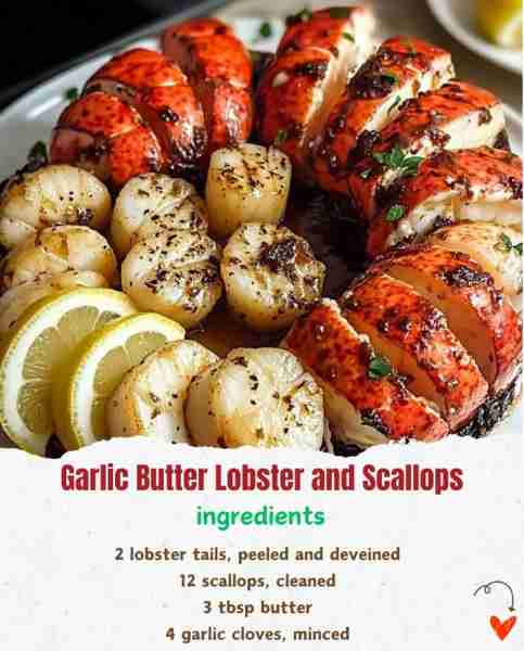 Garlic Butter Lobster and Scallops 🦞🧄✨ Ingredients: 2 lobster tails, peeled and deveined 🦞 12 s...