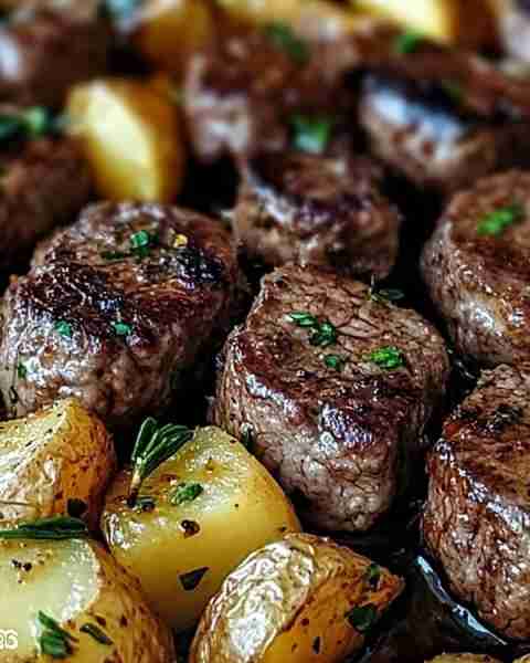 Air Fryer Garlic Butter Steak Bites and Potatoes Ingredients: 1 lb sirloin steak cut into 1-inch cu...