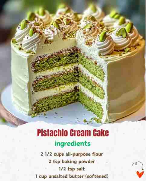 Pistachio Cream Cake 🎂🌰✨ Ingredients: 2 1/2 cups all-purpose flour 🥣 2 tsp baking powder 🧂...