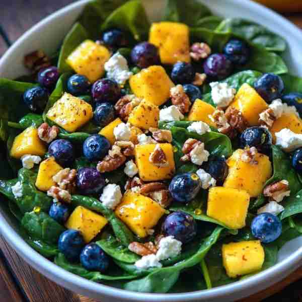 Blueberry Mango Spinach Salad with Walnuts, Feta Cheese, and Lemon Honey Mustard Dressing Ingredient...