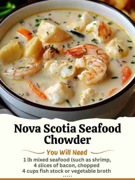 Nova Scotia Seafood Chowder Ingredients: 1 lb mixed seafood (such as shrimp, scallops, and white fi...