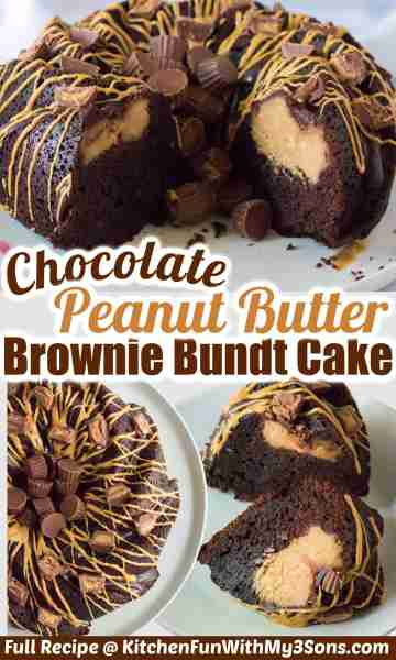 Full Recipe 👇 Chocolate Peanut Butter Brownie Bundt Cake - YUM! 😍 Fudge brownie cake with a peanut...