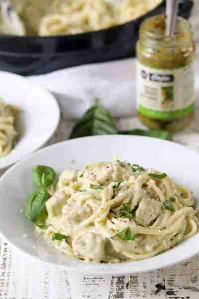 https://www.spendwithpennies.com/creamy-pesto-pasta/ Tender chunks of chicken with a creamy pesto sa...