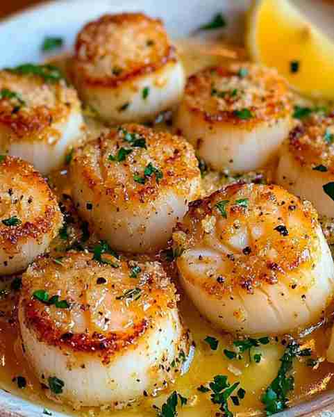 Garlic-Butter Infused Scallops with a Crispy Golden Crust Recipe Ingredients: 1 1/2 pounds fresh sea...