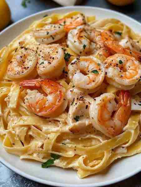 Creamy Shrimp Fettuccine Alfredo 🍤🍝 Lusciously creamy, garlicky, and shrimp-loaded pasta perfectio...