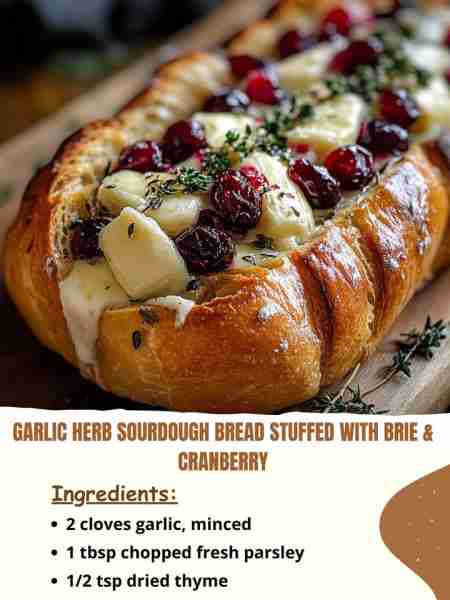 Garlic Herb Sourdough Bread Stuffed with Brie & Cranberry Ingredients 2 cloves garlic, minced 1 tbsp...